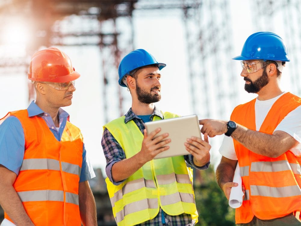 construction worker holding tablet and building plans