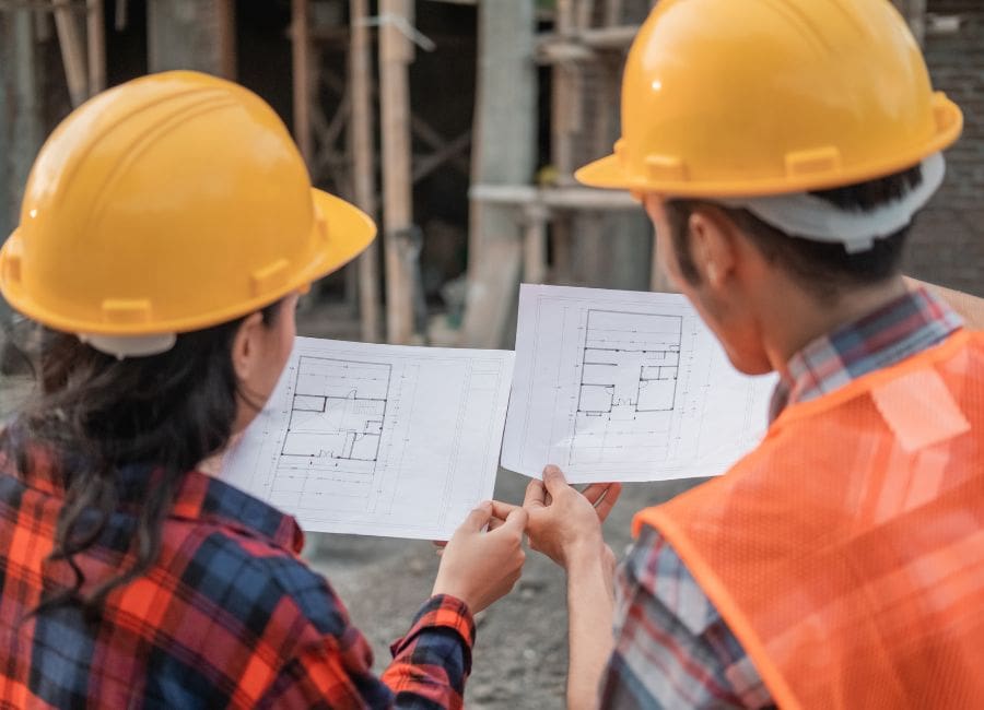 Construction workers looking at floor plan of building