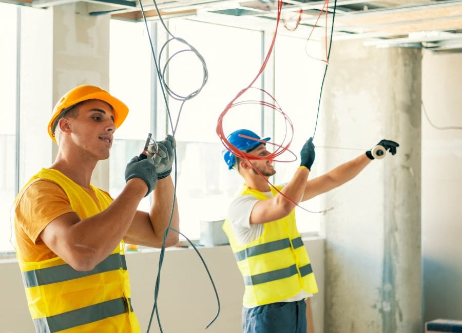 Electricians wiring a new build