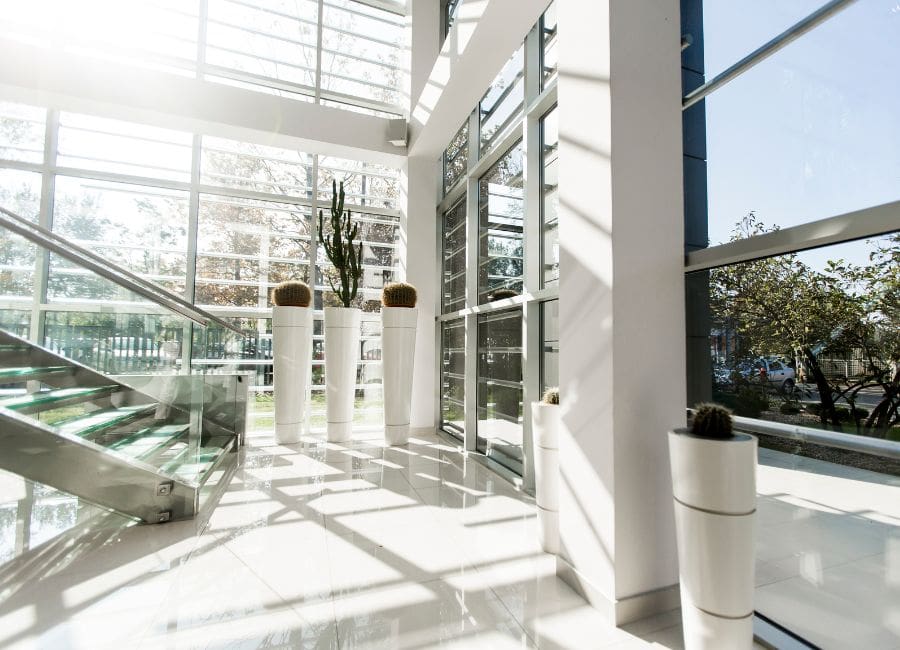 office lobby, airy glass windows